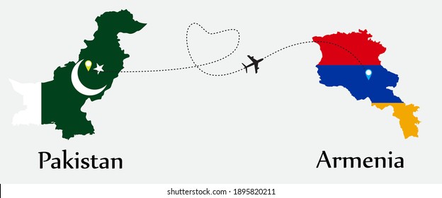 Airplane transport from Pakistan to Armenia. Concept a good tour travel and business of both country. And flags symbol on maps. EPS.file.