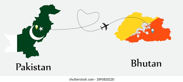 Airplane transport from Pakistan to Bhutan. Concept a good tour travel and business of both country. And flags symbol on maps. EPS.file.