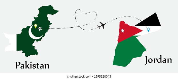 Airplane transport from Pakistan to Jordan. Concept a good tour travel and business of both country. And flags symbol on maps. EPS.file.