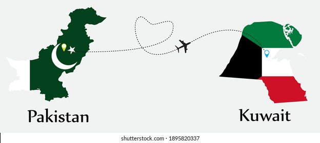 Airplane transport from Pakistan to Kuwait. Concept a good tour travel and business of both country. And flags symbol on maps. EPS.file.