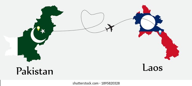 Airplane transport from Pakistan to Laos. Concept a good tour travel and business of both country. And flags symbol on maps. EPS.file.