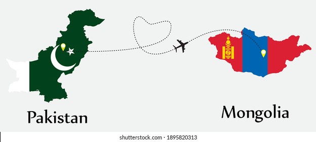 Airplane transport from Pakistan to Mongolia. Concept a good tour travel and business of both country. And flags symbol on maps. EPS.file.