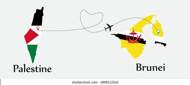 Airplane transport from Palestine to Brunei. Concept a good tour travel and business of both country. And flags symbol on maps. EPS.file.