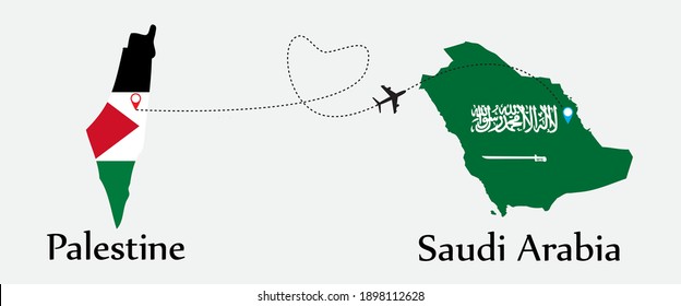 Airplane transport from Palestine to Saudi Arabia. Concept a good tour travel and business of both country. And flags symbol on maps. EPS.file.