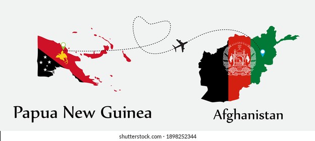 Airplane transport from Papua New Guinea to Afghanistan. Concept a good tour travel and business of both country. And flags symbol on maps. EPS.file.