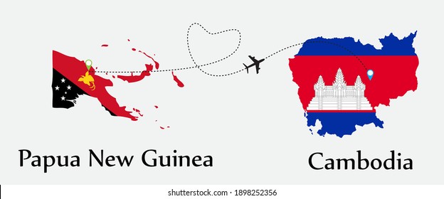 Airplane transport from Papua New Guinea to Cambodia. Concept a good tour travel and business of both country. And flags symbol on maps. EPS.file.