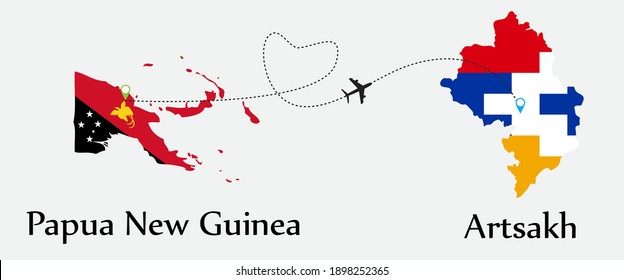 Airplane transport from Papua New Guinea to Artsakh. Concept a good tour travel and business of both country. And flags symbol on maps. EPS.file.