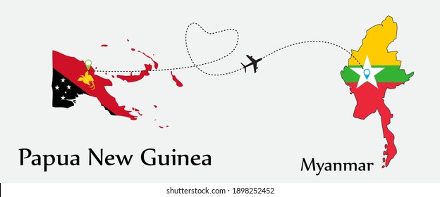 Airplane transport from Papua New Guinea to Myanmar. Concept a good tour travel and business of both country. And flags symbol on maps. EPS.file.