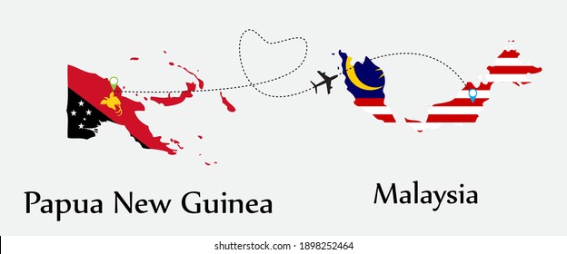 Airplane transport from Papua New Guinea to Malaysia. Concept a good tour travel and business of both country. And flags symbol on maps. EPS.file.