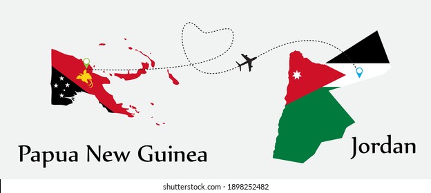 Airplane transport from Papua New Guinea to Jordan. Concept a good tour travel and business of both country. And flags symbol on maps. EPS.file.