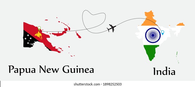 Airplane transport from Papua New Guinea to India. Concept a good tour travel and business of both country. And flags symbol on maps. EPS.file.