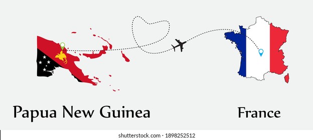 Airplane transport from Papua New Guinea to France. Concept a good tour travel and business of both country. And flags symbol on maps. EPS.file.