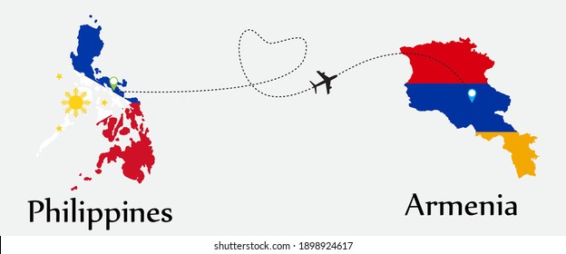 Airplane transport from Philippines to Armenia. Concept a good tour travel and business of both country. And flags symbol on maps. EPS.file.