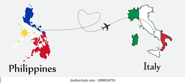 Airplane transport from Philippines to Italy. Concept a good tour travel and business of both country. And flags symbol on maps. EPS.file.