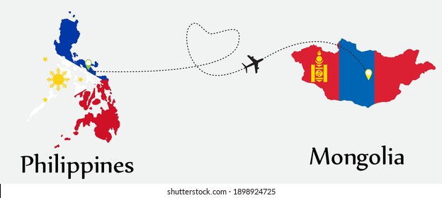 Airplane transport from Philippines to Mongolia. Concept a good tour travel and business of both country. And flags symbol on maps. EPS.file.