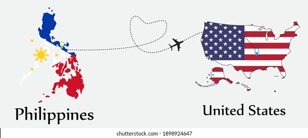 Airplane transport from Philippines to United States. Concept a good tour travel and business of both country. And flags symbol on maps. EPS.file.