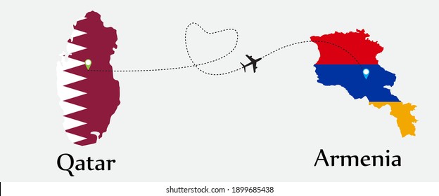 Airplane transport from Qatar to Armenia. Concept a good tour travel and business of both country. And flags symbol on maps. EPS.file.