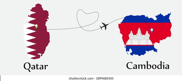 Airplane transport from Qatar to Cambodia. Concept a good tour travel and business of both country. And flags symbol on maps. EPS.file.