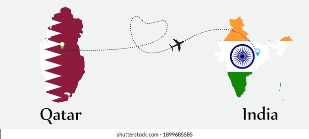 Airplane transport from Qatar to India. Concept a good tour travel and business of both country. And flags symbol on maps. EPS.file.