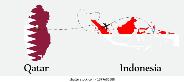 Airplane transport from Qatar to Indonesia. Concept a good tour travel and business of both country. And flags symbol on maps. EPS.file.