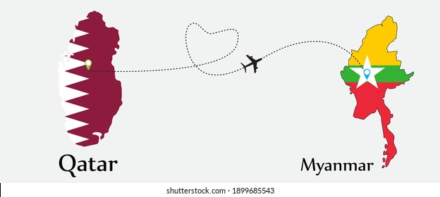Airplane transport from Qatar to Myanmar. Concept a good tour travel and business of both country. And flags symbol on maps. EPS.file.