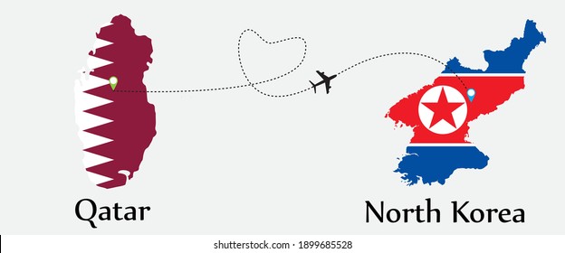 Airplane transport from Qatar to North Korea. Concept a good tour travel and business of both country. And flags symbol on maps. EPS.file.