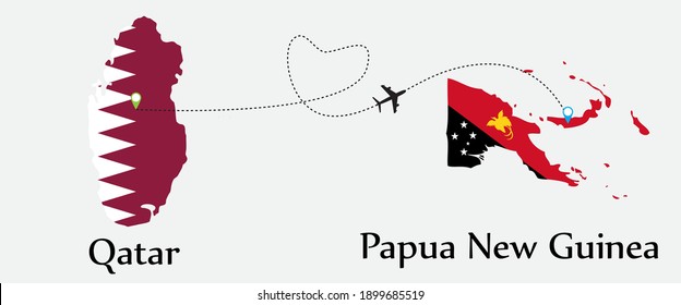 Airplane transport from Qatar to Papua New Guinea. Concept a good tour travel and business of both country. And flags symbol on maps. EPS.file.