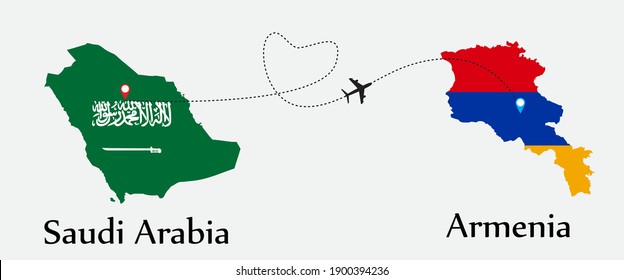Airplane transport from Saudi Arabia to Armenia. Concept a good tour travel and business of both country. And flags symbol on maps. EPS.file.