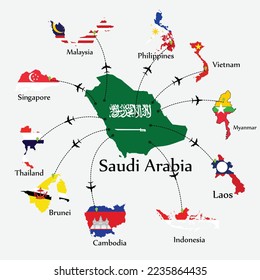 Transporte aéreo de Arabia Saudita a la Comunidad Económica de la ASEAN (AEC). Concepto un buen viaje turístico y de negocios de ambos países.