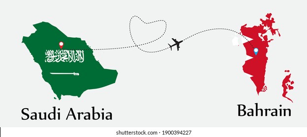 Airplane transport from Saudi Arabia to Bahrain. Concept a good tour travel and business of both country. And flags symbol on maps. EPS.file.