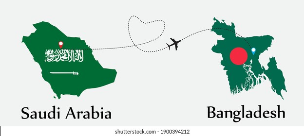 Airplane Transport From Saudi Arabia To Bangladesh. Concept A Good Tour Travel And Business Of Both Country. And Flags Symbol On Maps. EPS.file.