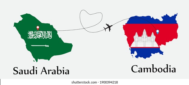 Airplane transport from Saudi Arabia to Cambodia. Concept a good tour travel and business of both country. And flags symbol on maps. EPS.file.