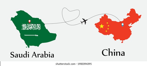 Airplane transport from Saudi Arabia to China. Concept a good tour travel and business of both country. And flags symbol on maps. EPS.file.