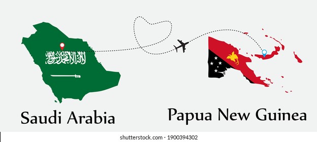 Airplane transport from Saudi Arabia to Papua New Guinea. Concept a good tour travel and business of both country. And flags symbol on maps. EPS.file.