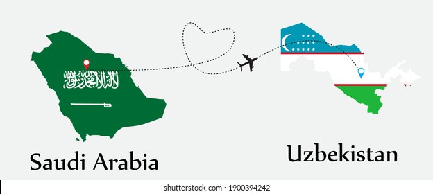 Airplane transport from Saudi Arabia to Uzbekistan. Concept a good tour travel and business of both country. And flags symbol on maps. EPS.file.