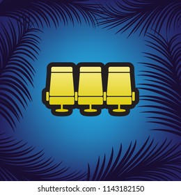 Airplane Transport seats sign illustration. Vector. Golden icon with black contour at blue background with branches of palm trees.