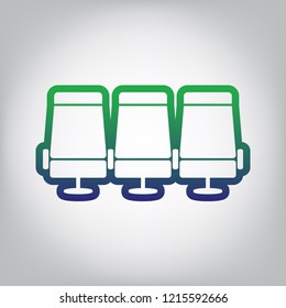 Airplane Transport seats sign illustration. Vector. Green to blue gradient contour icon at grayish background with light in center.