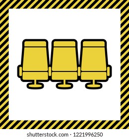 Airplane Transport seats sign illustration. Vector. Warm yellow icon with black contour in frame named as under construction at white background. Isolated.