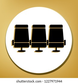 Airplane Transport seats sign illustration. Vector. Black icon with light brown shadow in white circle with shaped ring at golden background.