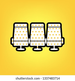 Airplane Transport seats sign illustration. Vector. Yellow polka dot white icon with black contour at warm yellow background.