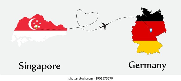 Airplane transport from Singapore to Germany. Concept for travel tour business between both country with flags on maps. EPS file.