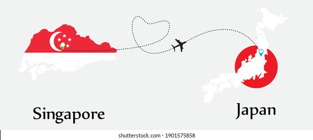 Airplane transport from Singapore to Japan. Concept for travel tour business between both country with flags on maps. EPS file.