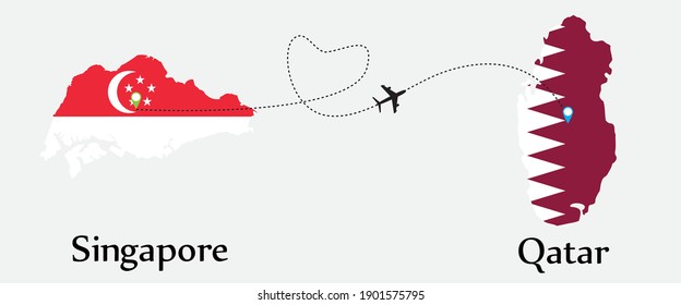 Airplane transport from Singapore to Qatar. Concept for travel tour business between both country with flags on maps. EPS file.