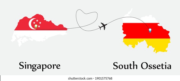 Airplane transport from Singapore to South Ossetia. Concept for travel tour business between both country with flags on maps. EPS file.