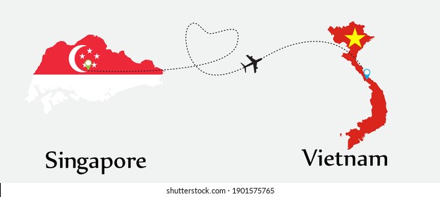 Airplane transport from Singapore to Vietnam. Concept for travel tour business between both country with flags on maps. EPS file.