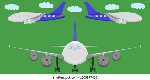 airplane transport sky fly flight wing jet side front view aviation cloud vector illustration eps10