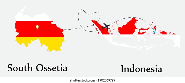 Airplane transport from South Ossetia to Indonesia. Concept a good tour travel and business of both country. And flags symbol on maps. EPS.file.
