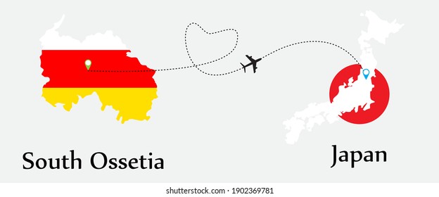 Airplane transport from South Ossetia to Japan. Concept a good tour travel and business of both country. And flags symbol on maps. EPS.file.