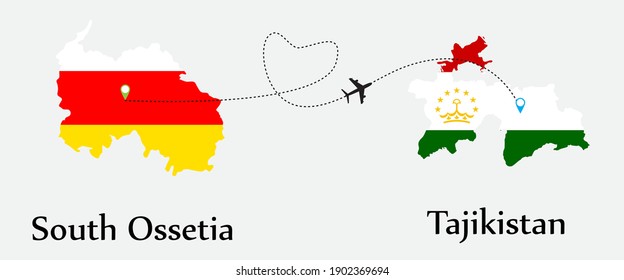 Airplane transport from South Ossetia to Tajikistan. Concept a good tour travel and business of both country. And flags symbol on maps. EPS.file.