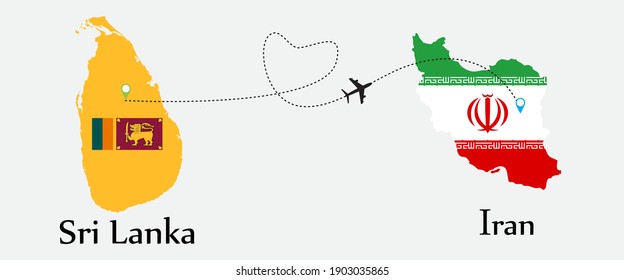Airplane transport from Sri Lanka to Iran. Concept a good tour travel and business of both country. And flags symbol on maps. EPS.file.